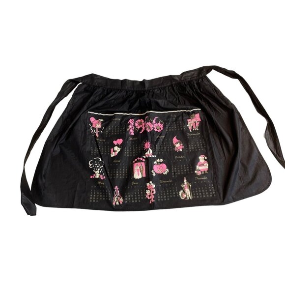 Vintage 1966 Black & Pink Illustrated Holiday Calendar Half Apron - Picture 1 of 9